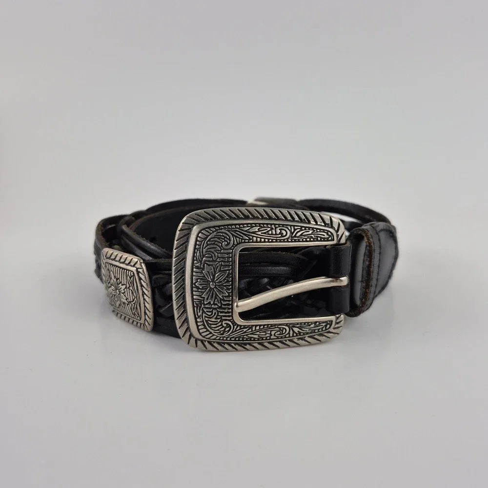 Kids Black Braided Genuine Leather Western Concho Belt Silver Tone Buckle ML
